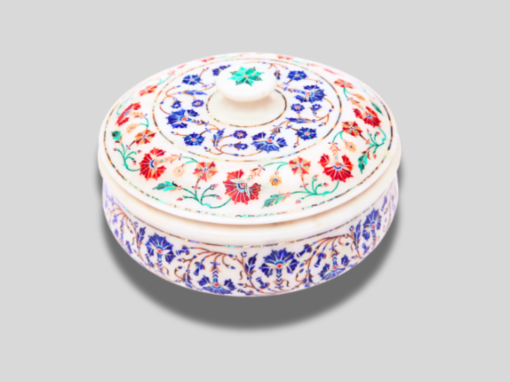 Decorative Marble Round Jewelry Vintage Box Rare Floral Marquetry Arts